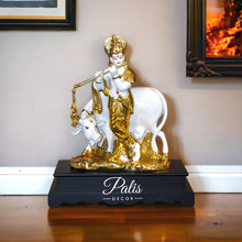 Load image into Gallery viewer, COW KRISHNA ON WOODEN BASE HOME DECOR STATUE