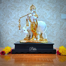 Load image into Gallery viewer, COW KRISHNA ON WOODEN BASE HOME DECOR STATUE